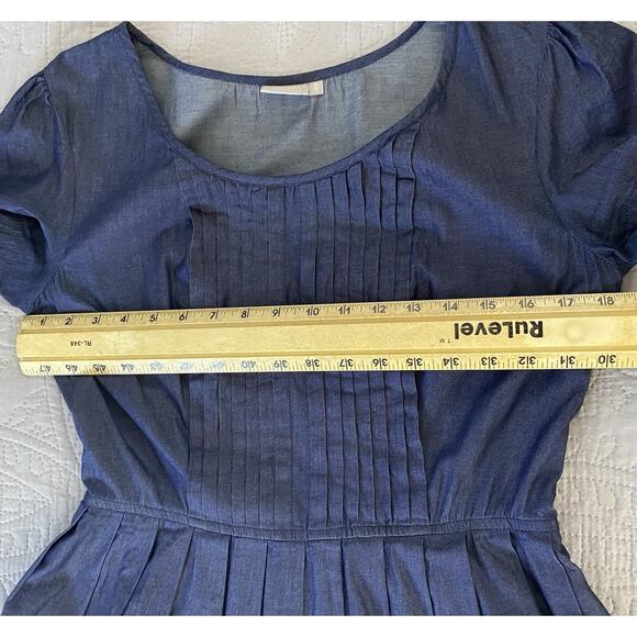 EShakti Sz M (10) Chambray Pintuck Puff SS Fit’N’Flare Black Trim Full Skirt Drs - Picture 12 of 14